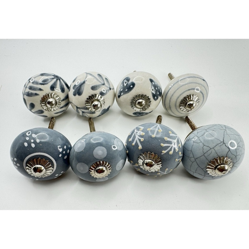 Blue Gray Ceramic Drawer Knobs Set 8 Floral Cabinet Pulls Farmhouse Cottage